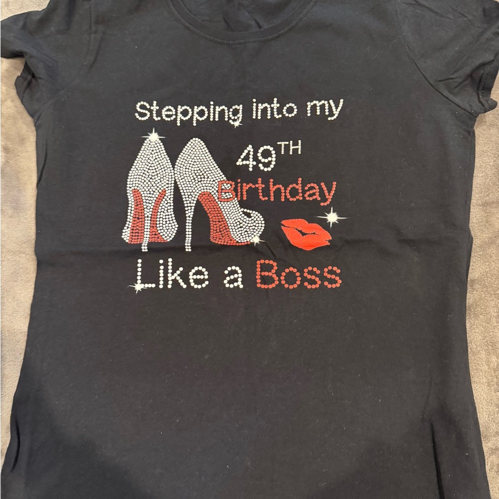 Black Graphic T-Shirt with Rhinestone Design